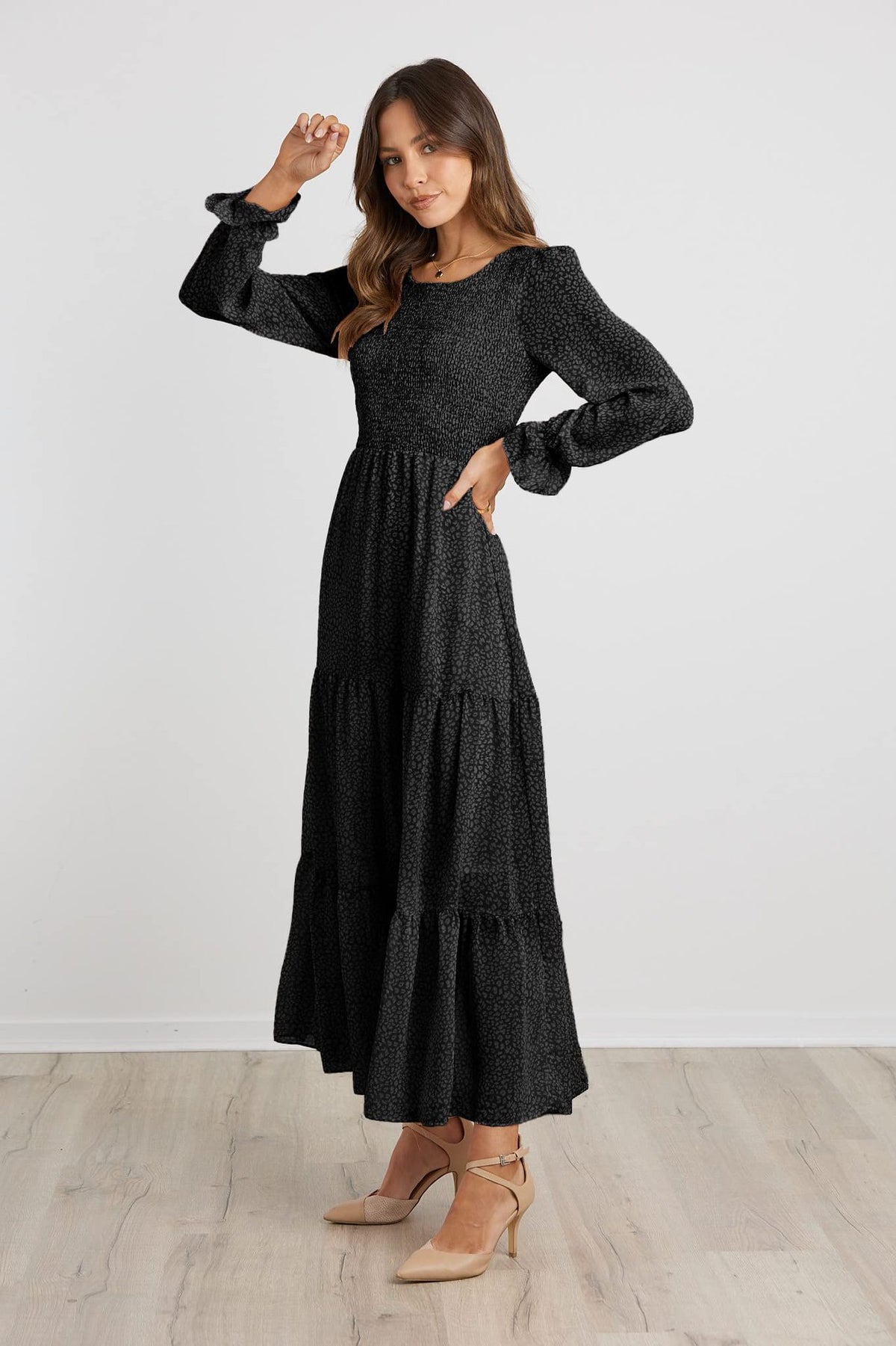 Casual Long Sleeve Round Neck Women Fall Dress Bohemian Loose Fit Floral Flowy Layered Maxi Dress