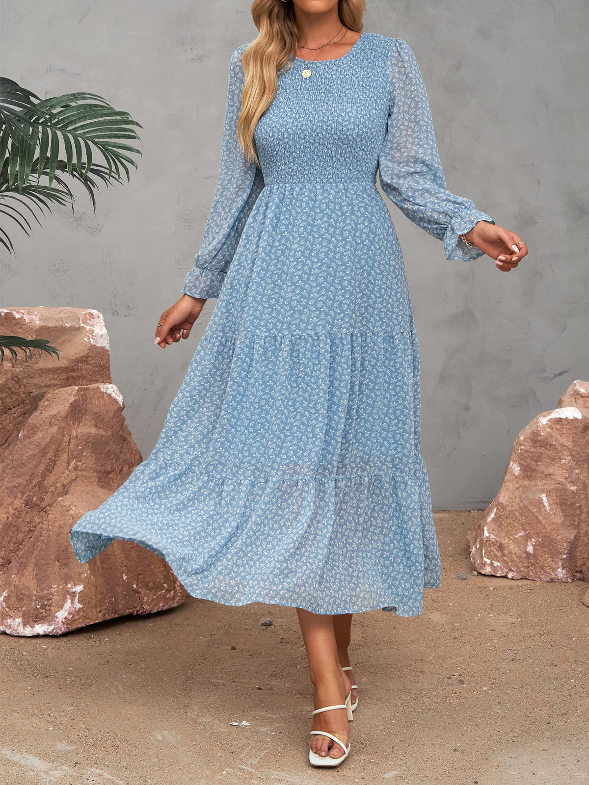 Casual Long Sleeve Round Neck Women Fall Dress Bohemian Loose Fit Floral Flowy Layered Maxi Dress