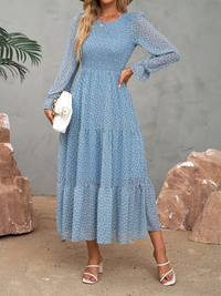 Casual Long Sleeve Round Neck Women Fall Dress Bohemian Loose Fit Floral Flowy Layered Maxi Dress