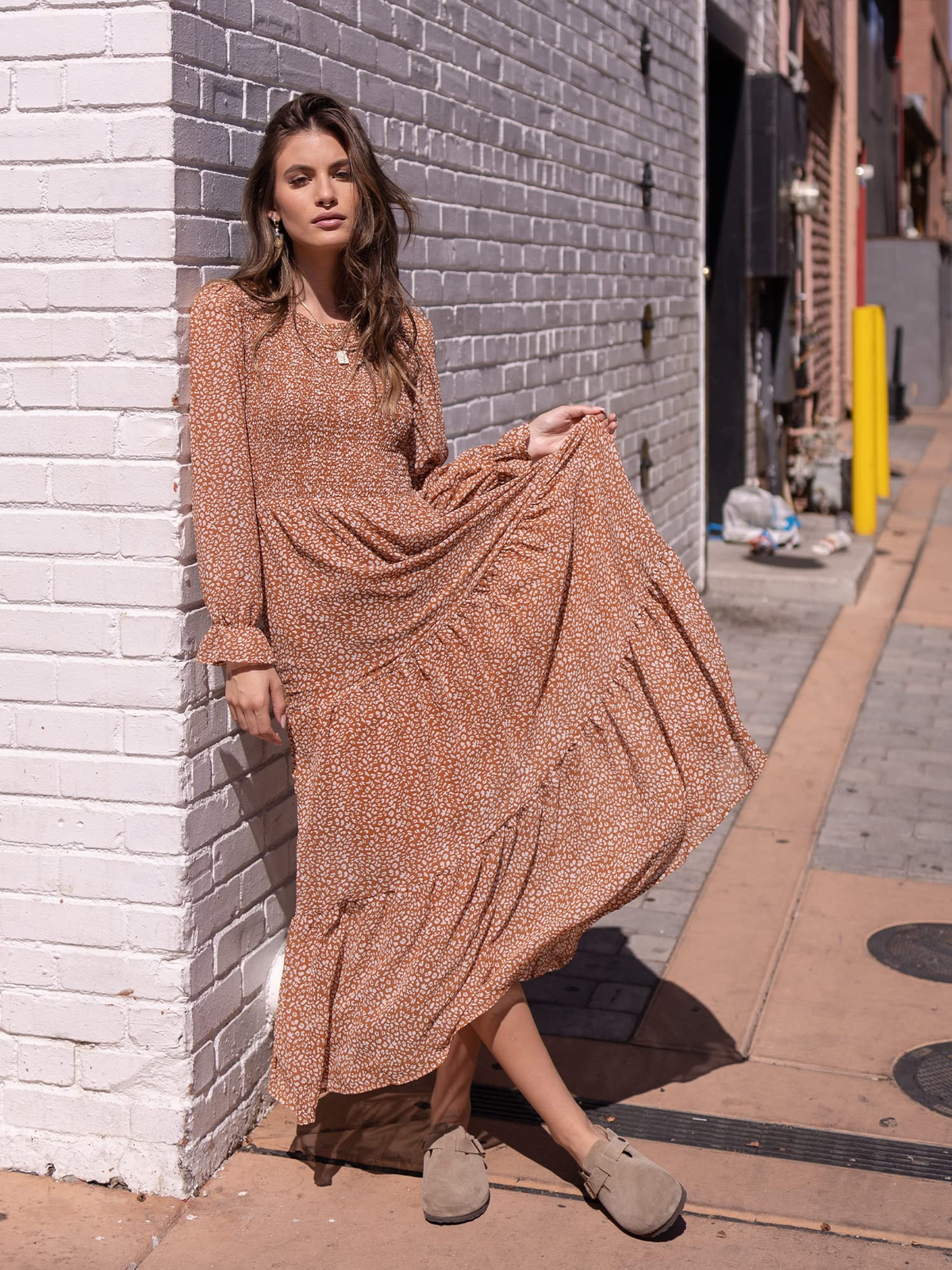 Casual Long Sleeve Round Neck Women Fall Dress Bohemian Loose Fit Floral Flowy Layered Maxi Dress