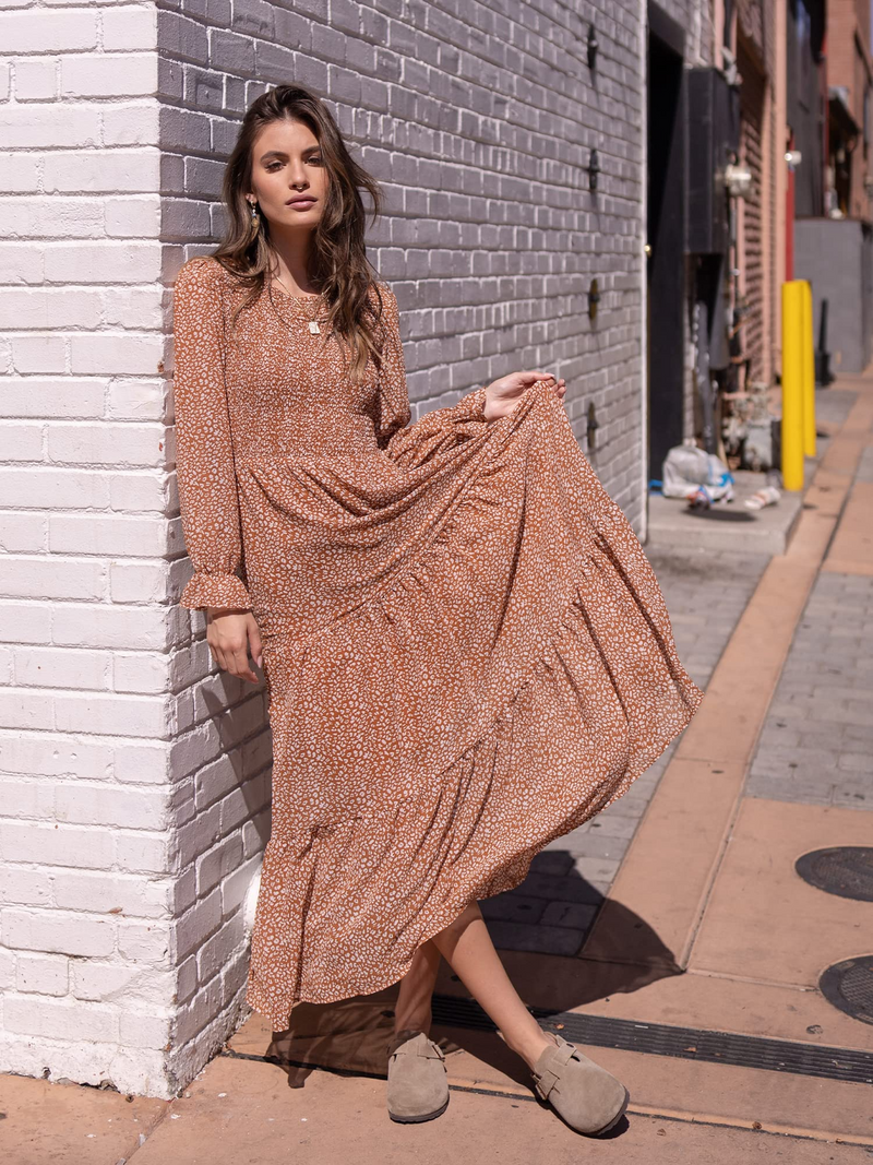 Casual Long Sleeve Round Neck Women Fall Dress Bohemian Loose Fit Floral Flowy Layered Maxi Dress