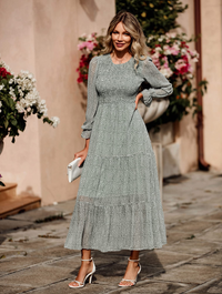 Casual Long Sleeve Round Neck Women Fall Dress Bohemian Loose Fit Floral Flowy Layered Maxi Dress