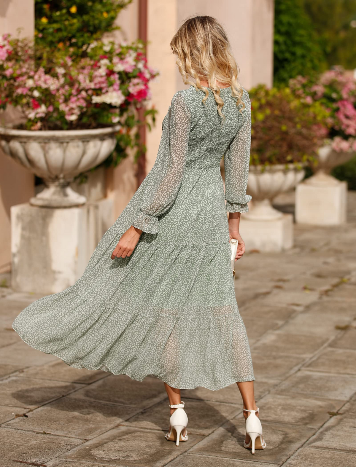 Casual Long Sleeve Round Neck Women Fall Dress Bohemian Loose Fit Floral Flowy Layered Maxi Dress