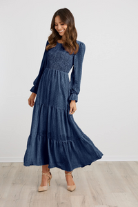 Casual Long Sleeve Round Neck Women Fall Dress Bohemian Loose Fit Floral Flowy Layered Maxi Dress