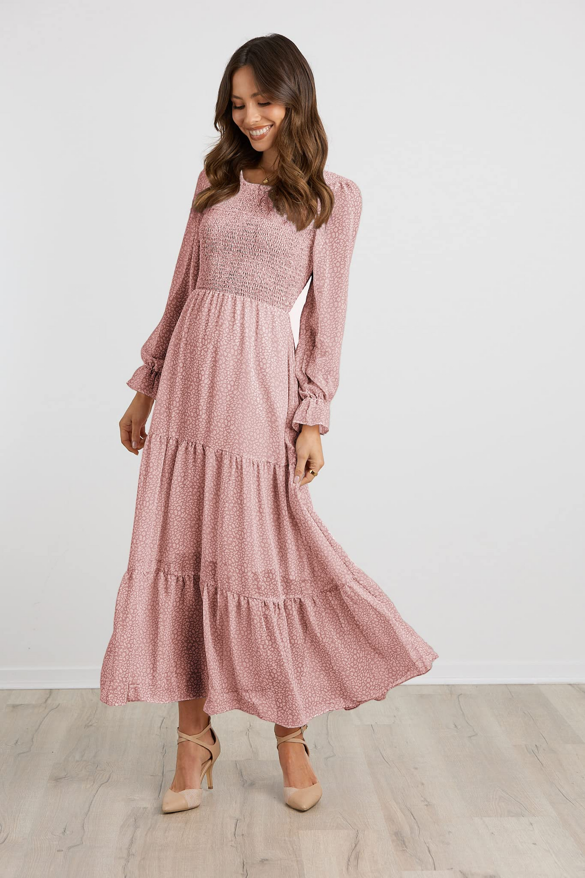 Casual Long Sleeve Round Neck Women Fall Dress Bohemian Loose Fit Floral Flowy Layered Maxi Dress