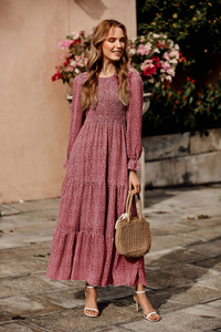 Casual Long Sleeve Round Neck Women Fall Dress Bohemian Loose Fit Floral Flowy Layered Maxi Dress