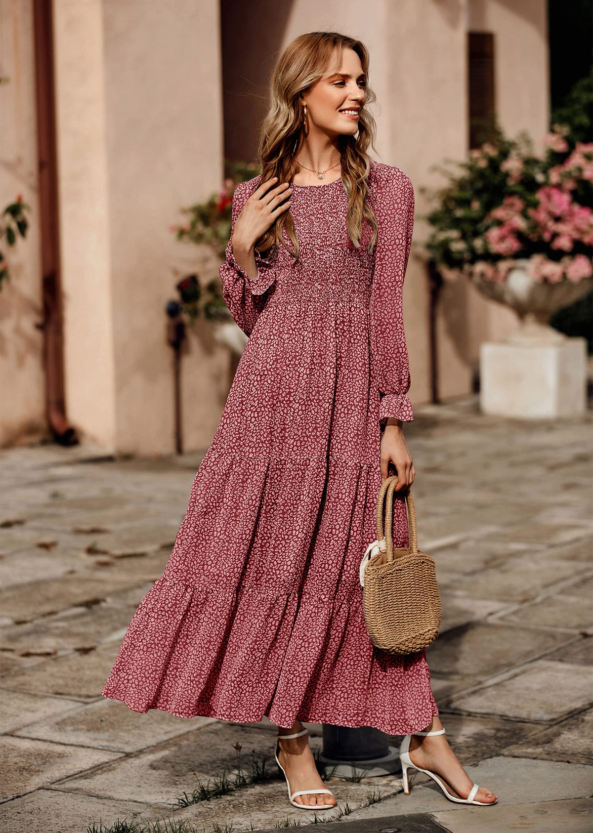 Casual Long Sleeve Round Neck Women Fall Dress Bohemian Loose Fit Floral Flowy Layered Maxi Dress