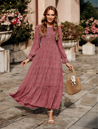 Casual Long Sleeve Round Neck Women Fall Dress Bohemian Loose Fit Floral Flowy Layered Maxi Dress