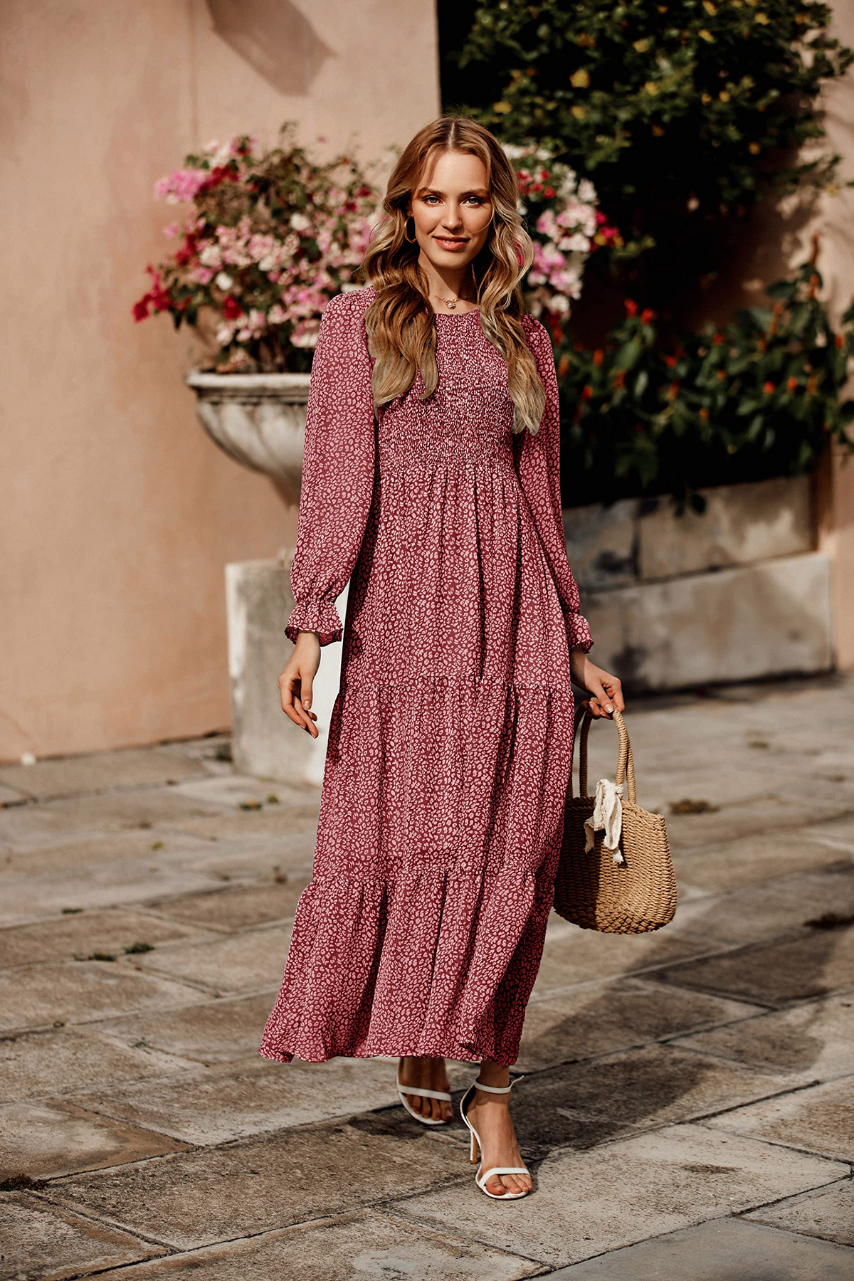 Casual Long Sleeve Round Neck Women Fall Dress Bohemian Loose Fit Floral Flowy Layered Maxi Dress