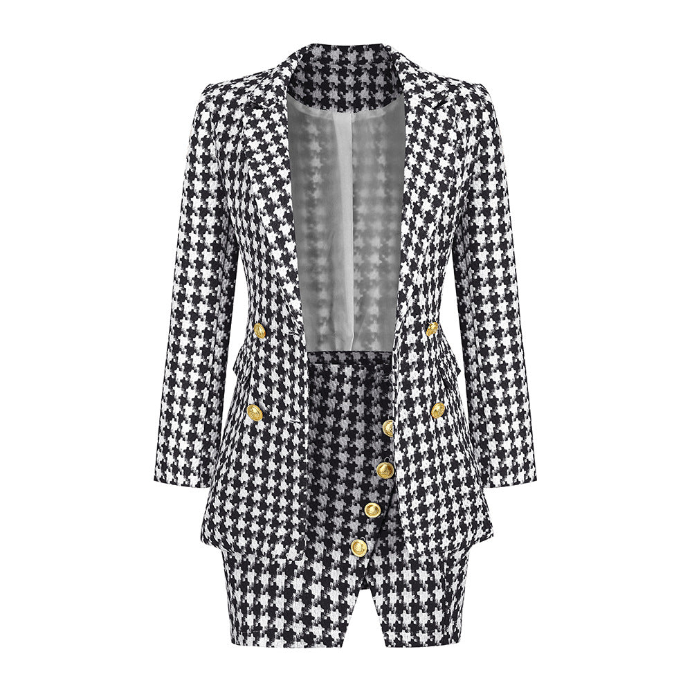 Celebrity Xiaoxiang Style Women's Suit Mini Dress Houndstooth Two-Piece Suit