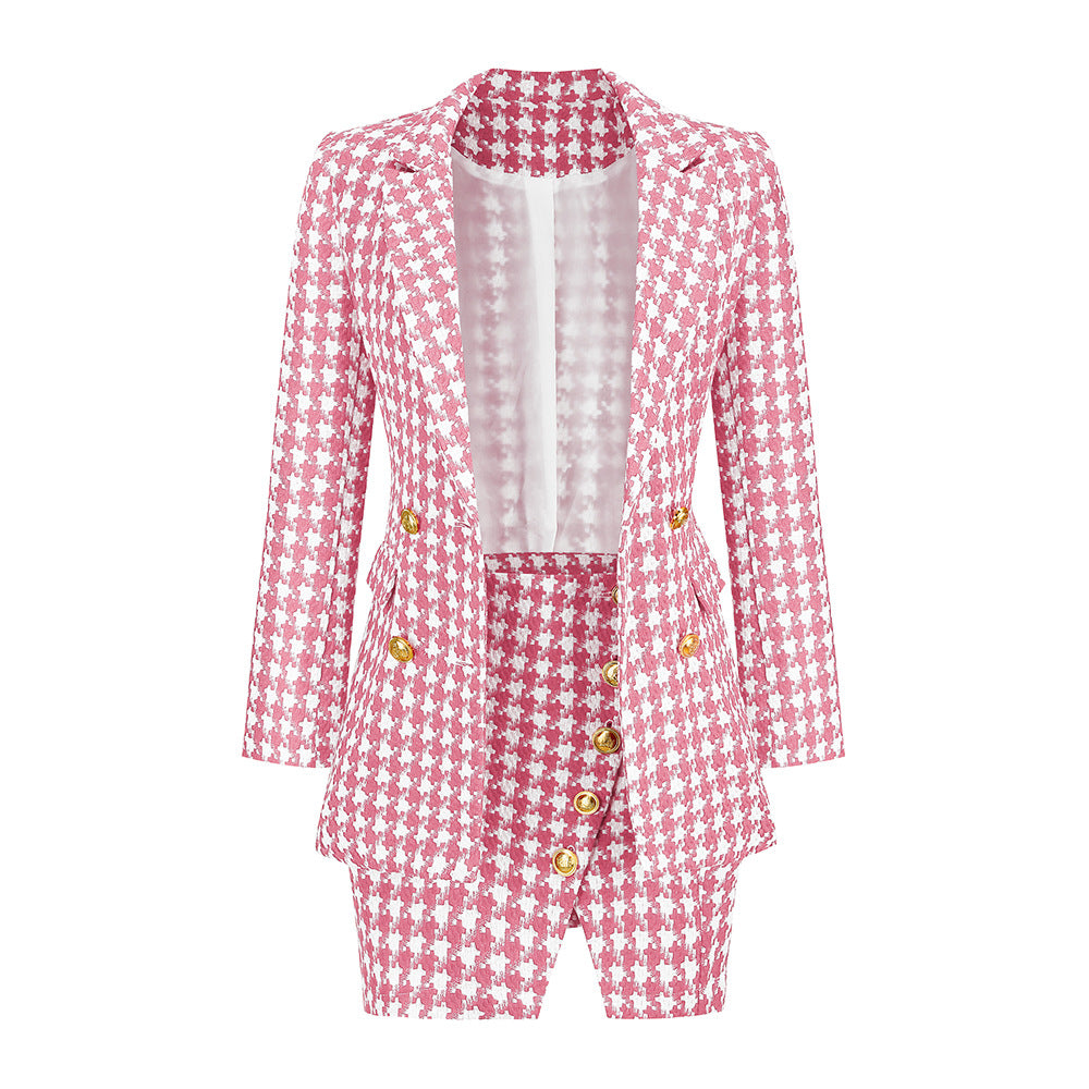 Celebrity Xiaoxiang Style Women's Suit Mini Dress Houndstooth Two-Piece Suit