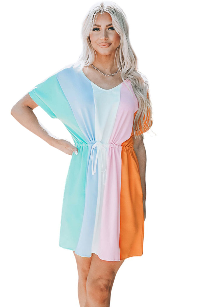 Udressshop Color Block Tie Waist Rolled Short Sleeve Mini Dress with Pocket