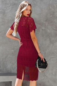 Women's Crochet Round Neck Short Sleeves Lace Lined Midi Dress Semi-Sheer