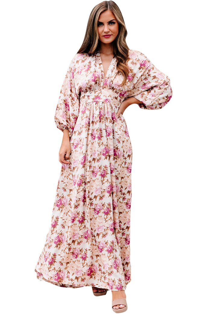 Udressshop Deep V Neck Ruched High Waist Floral Maxi Dress