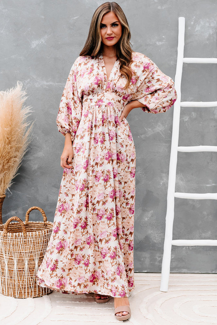 Udressshop Deep V Neck Ruched High Waist Floral Maxi Dress