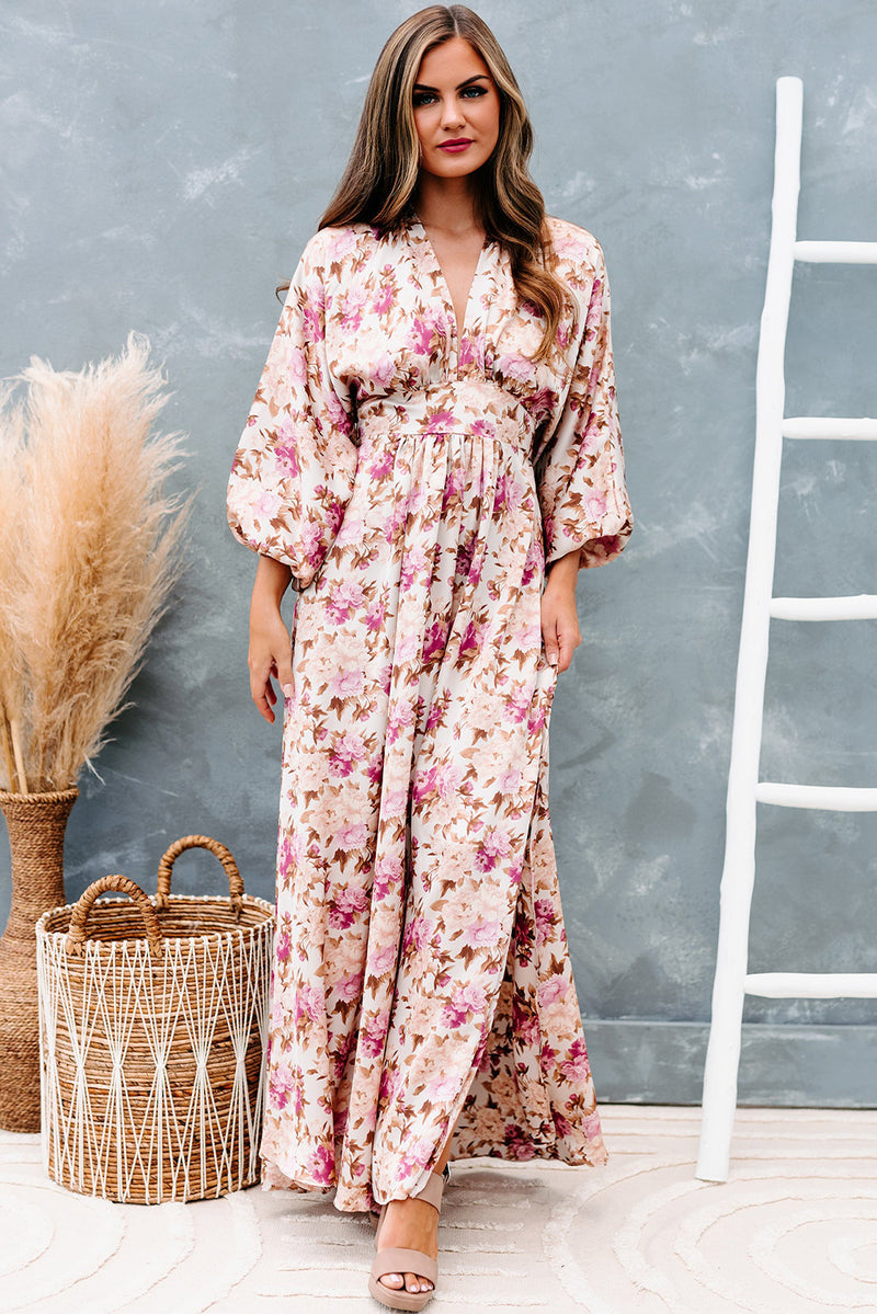 Udressshop Deep V Neck Ruched High Waist Floral Maxi Dress