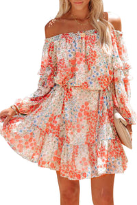 Udressshop Floral Off The Shoulder Print Ruffled Dress with Tie