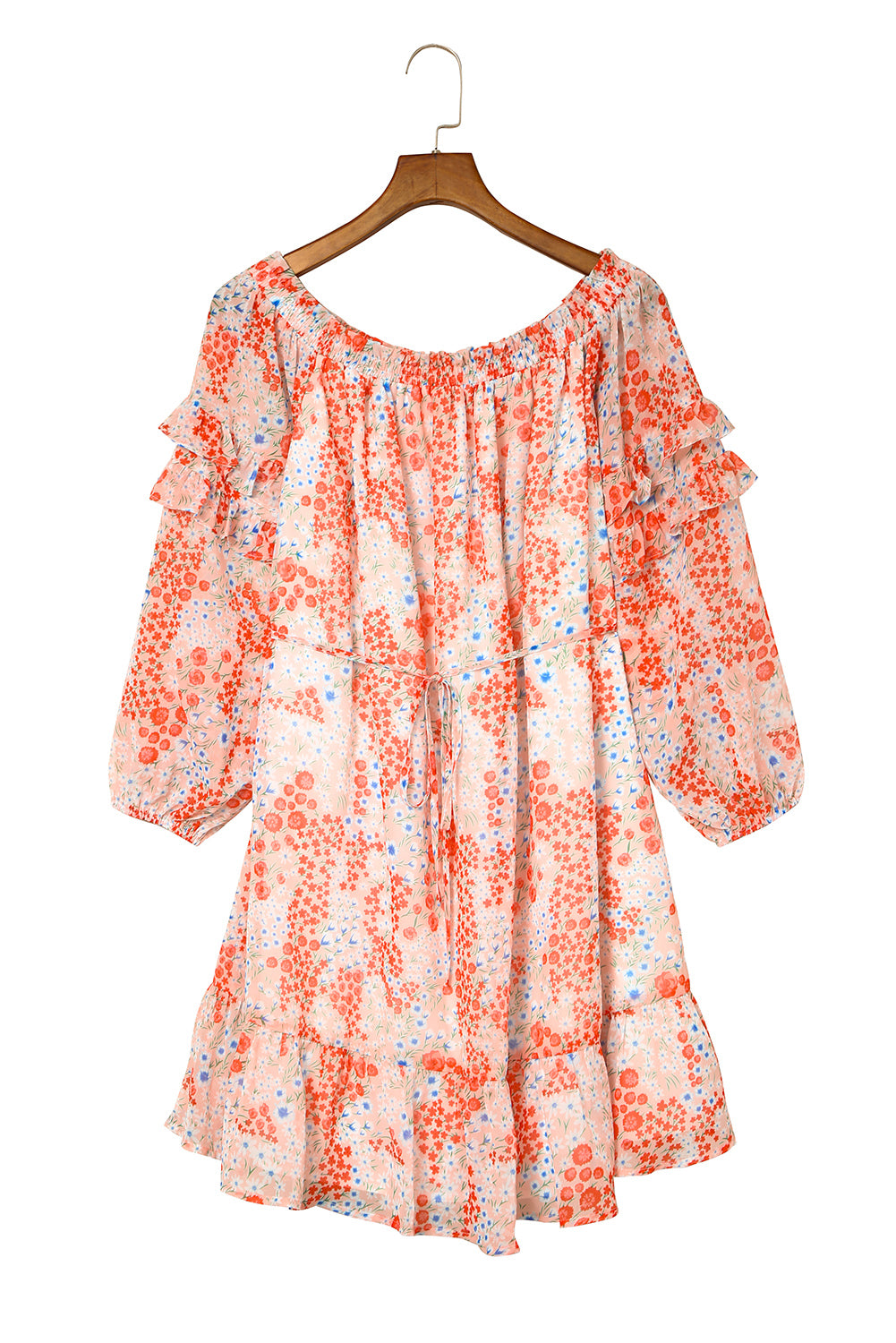 Udressshop Floral Off The Shoulder Print Ruffled Dress with Tie