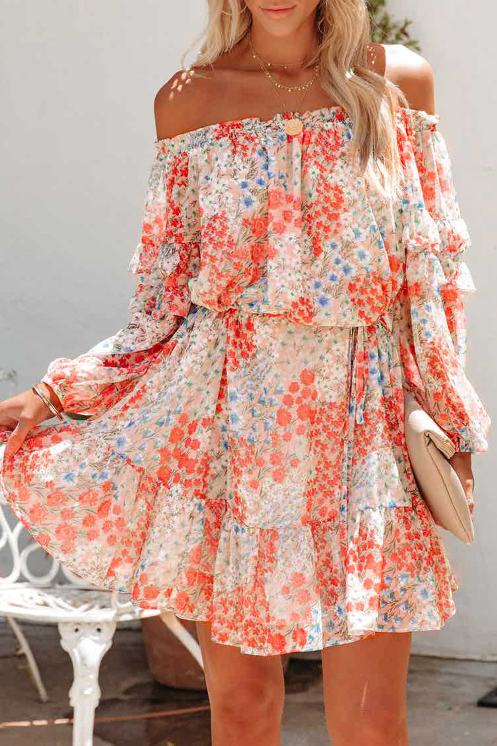 Udressshop Floral Off The Shoulder Print Ruffled Dress with Tie