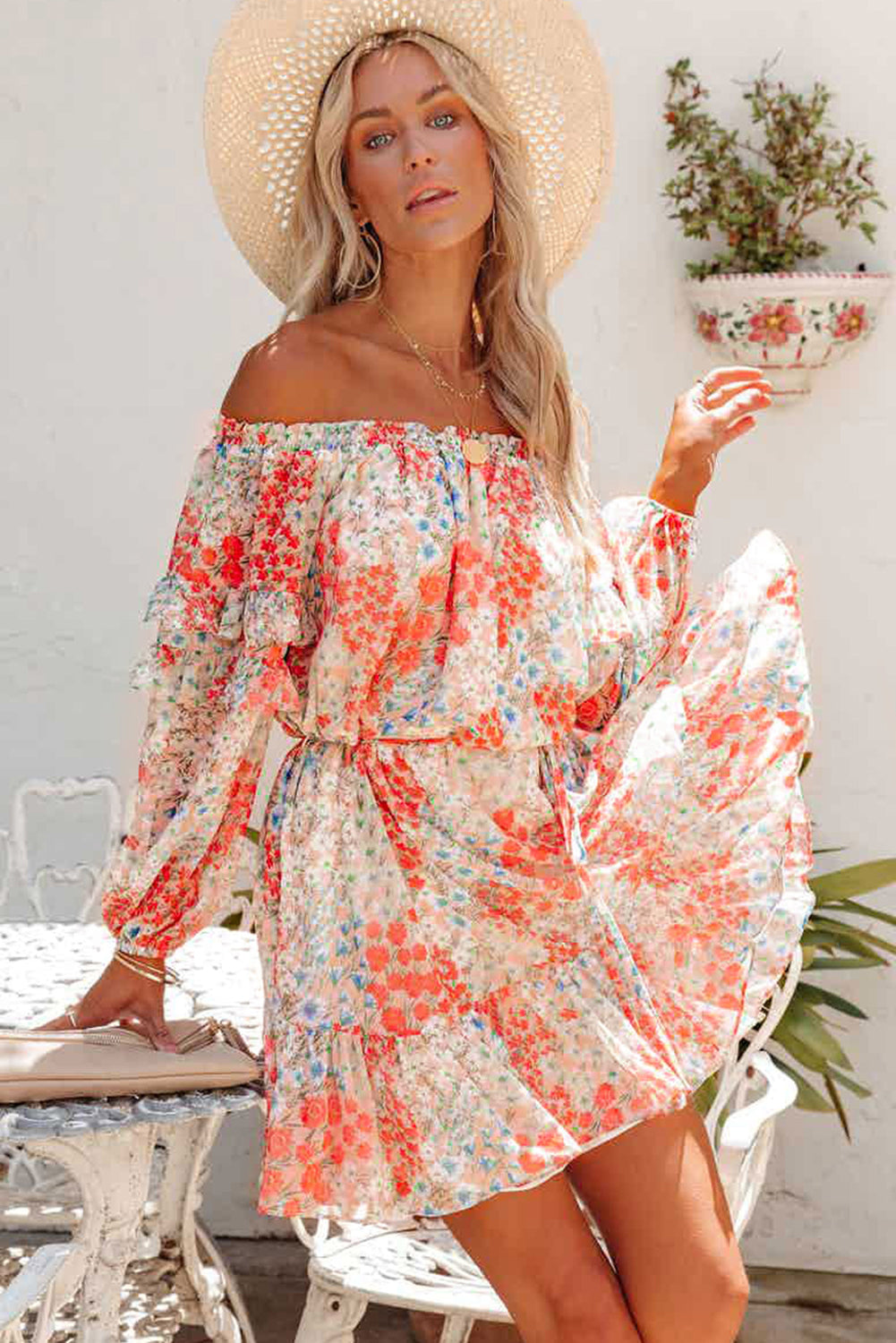 Udressshop Floral Off The Shoulder Print Ruffled Dress with Tie