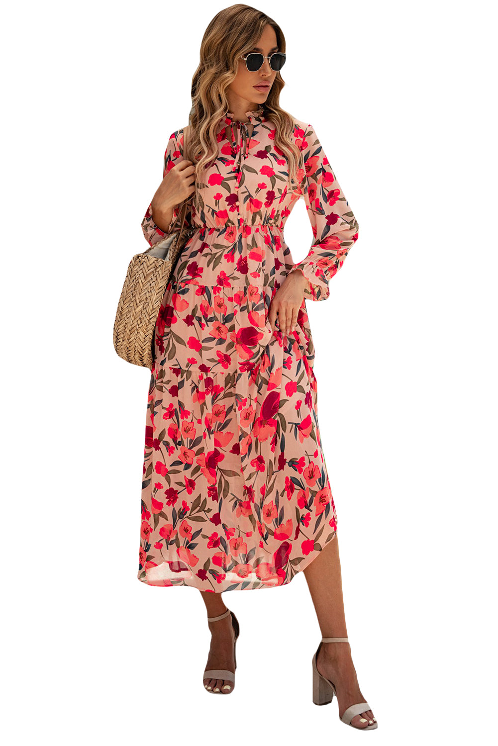 Udressshop Frilled Collar Long Sleeve Tiered Maxi Floral Dress