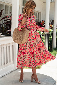 Udressshop Frilled Collar Long Sleeve Tiered Maxi Floral Dress