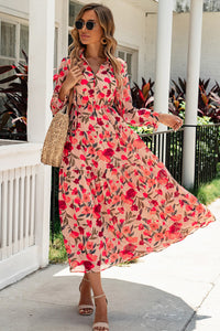 Udressshop Frilled Collar Long Sleeve Tiered Maxi Floral Dress