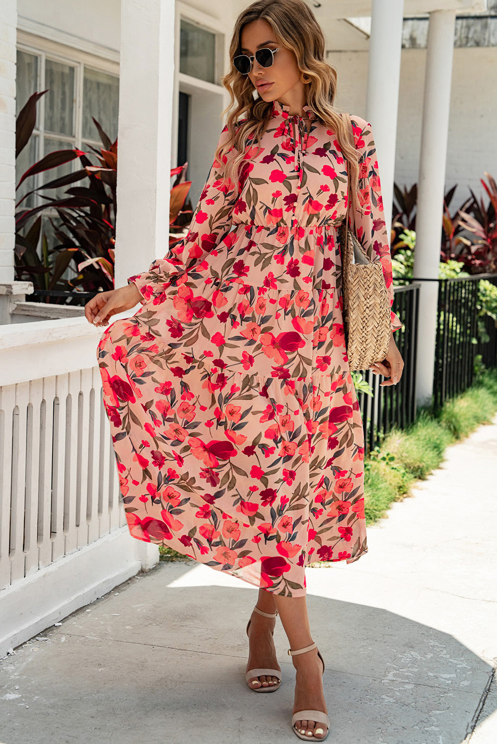 Udressshop Frilled Collar Long Sleeve Tiered Maxi Floral Dress