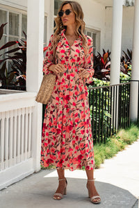 Udressshop Frilled Collar Long Sleeve Tiered Maxi Floral Dress