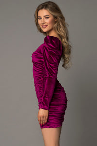 Udressshop Fuchsia Knotted Bust Puff Sleeve Ruched Velvet Evening Dress