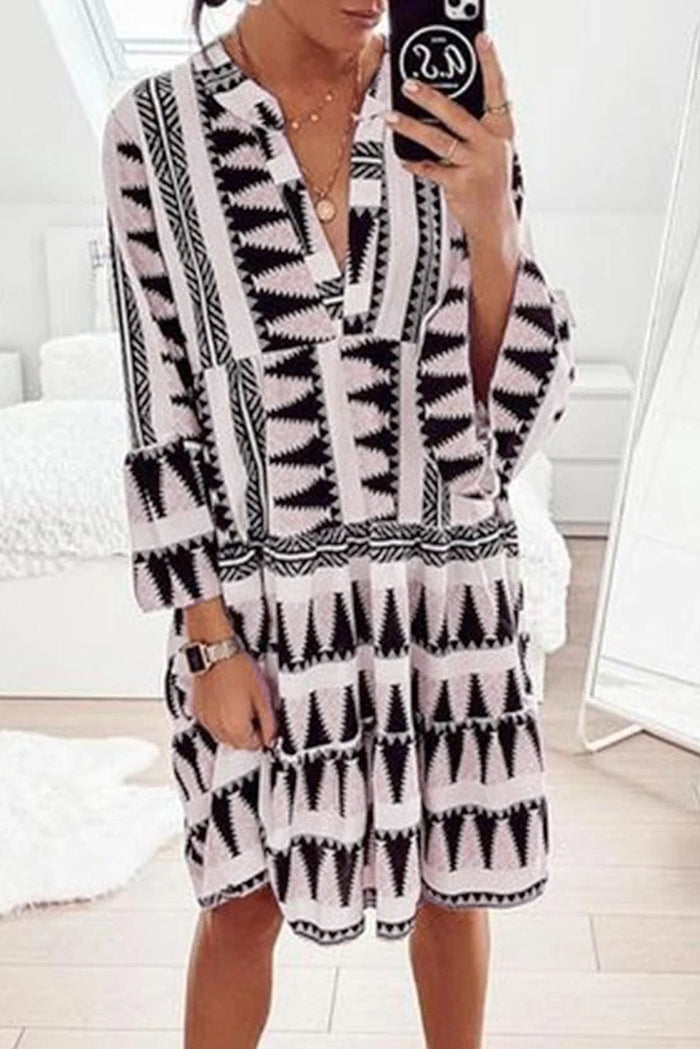 Udressshop Geometric Print Print V neck Ruffle Swing Midi Dress