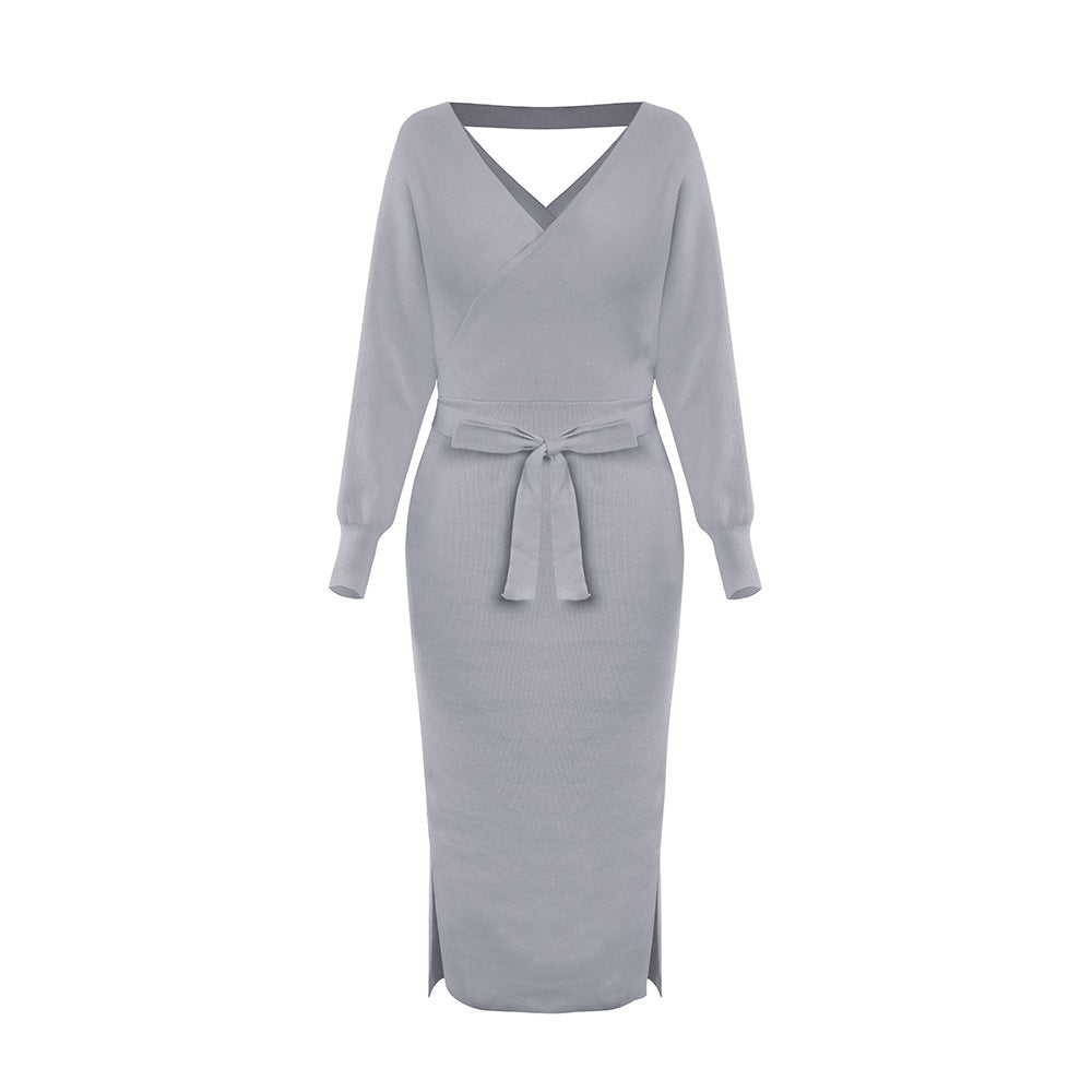 Knitted Dress Slim v Neck High Waist Women's Long Sleeve Winter Sweater Midi Dress