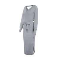 Knitted Dress Slim v Neck High Waist Women's Long Sleeve Winter Sweater Midi Dress