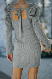 Udressshop Square Neck Puffy Sleeve Winter Sweater Dress