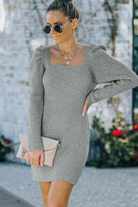 Udressshop Square Neck Puffy Sleeve Winter Sweater Dress