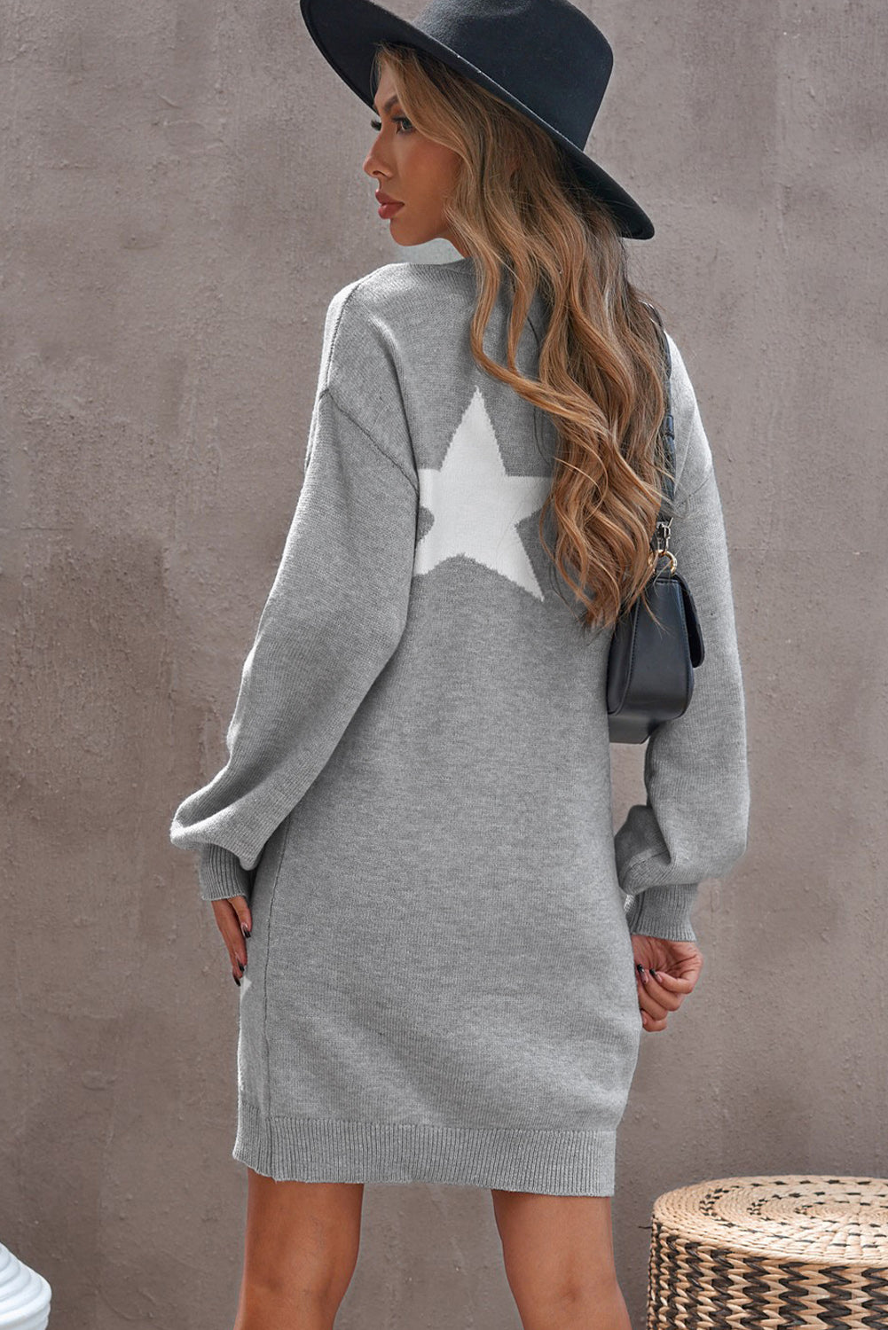 Udressshop Gray Star Print Pullover Winter Sweater Dress