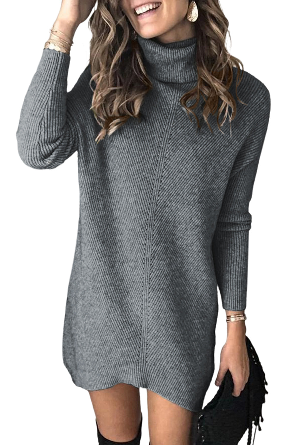 Udressshop Turtleneck Long Sleeve Knitted Winter Sweater Dress