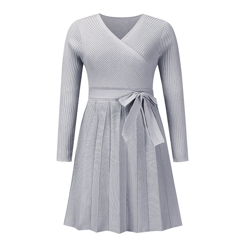 Women's Sweater Dress Sexy V-Neck Cross Pleated Knit Short A-Line Dress