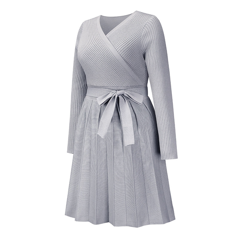 Women's Sweater Dress Sexy V-Neck Cross Pleated Knit Short A-Line Dress