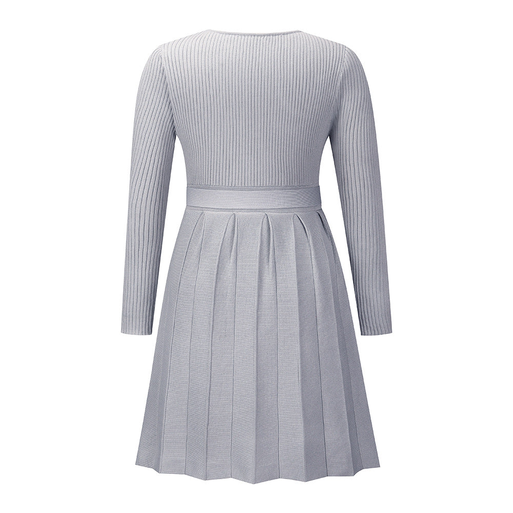 Women's Sweater Dress Sexy V-Neck Cross Pleated Knit Short A-Line Dress