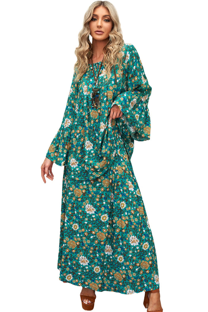 Udressshop Green Boho Floral Bell Sleeve Top and Maxi Skirt Set