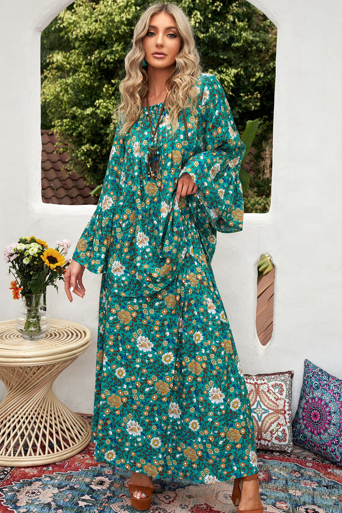 Udressshop Green Boho Floral Bell Sleeve Top and Maxi Skirt Set