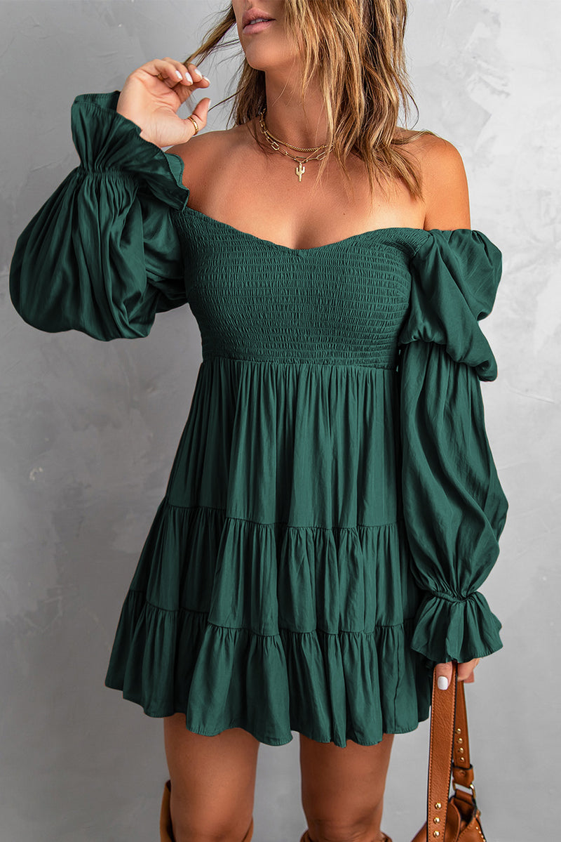 Udressshop Boho Solid Shirred Ruffle Mini Dress