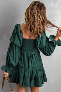 Udressshop Boho Solid Shirred Ruffle Mini Dress