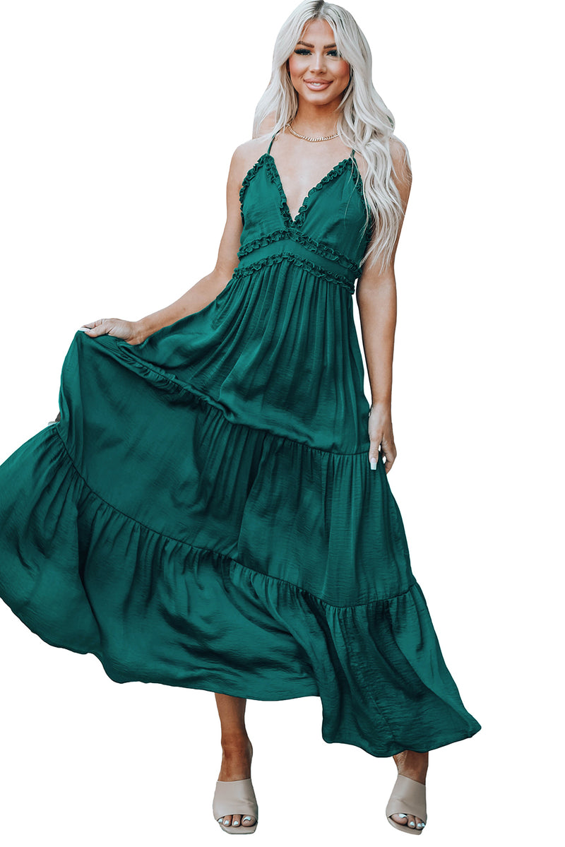 Green Cross Back Frilled Sleeveless Tiered Maxi Dress