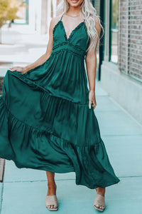 Green Cross Back Frilled Sleeveless Tiered Maxi Dress