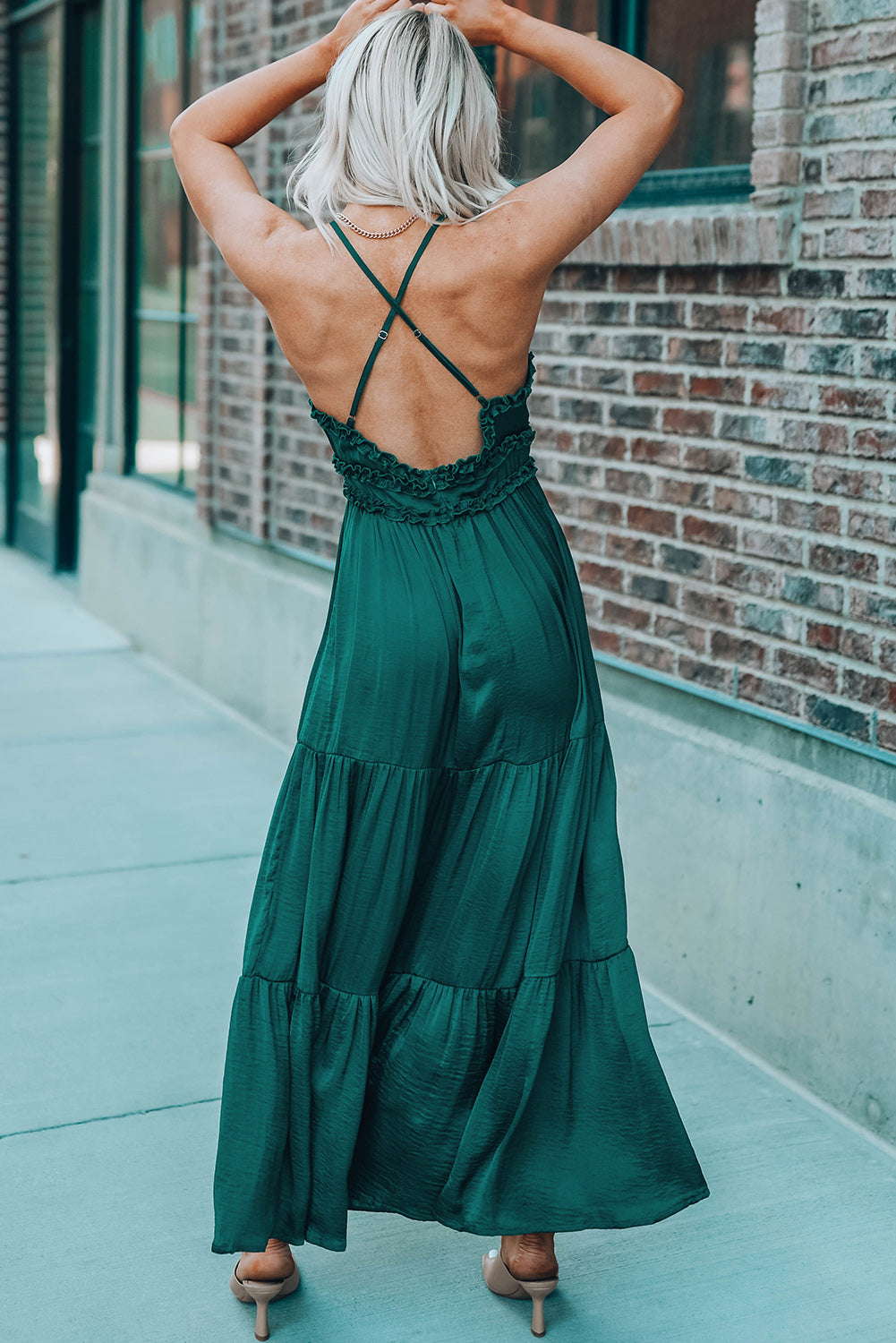 Green Cross Back Frilled Sleeveless Tiered Maxi Dress