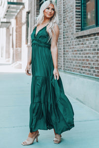 Green Cross Back Frilled Sleeveless Tiered Maxi Dress