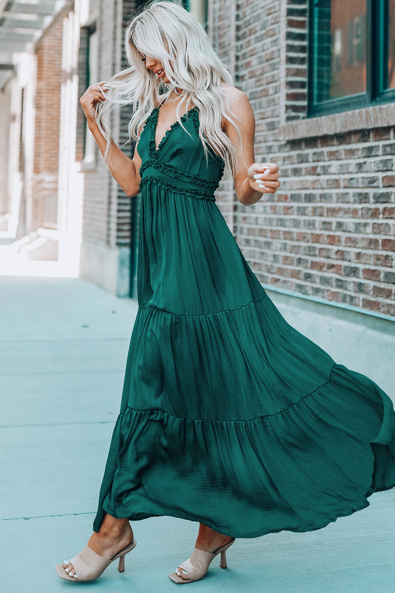 Green Cross Back Frilled Sleeveless Tiered Maxi Dress