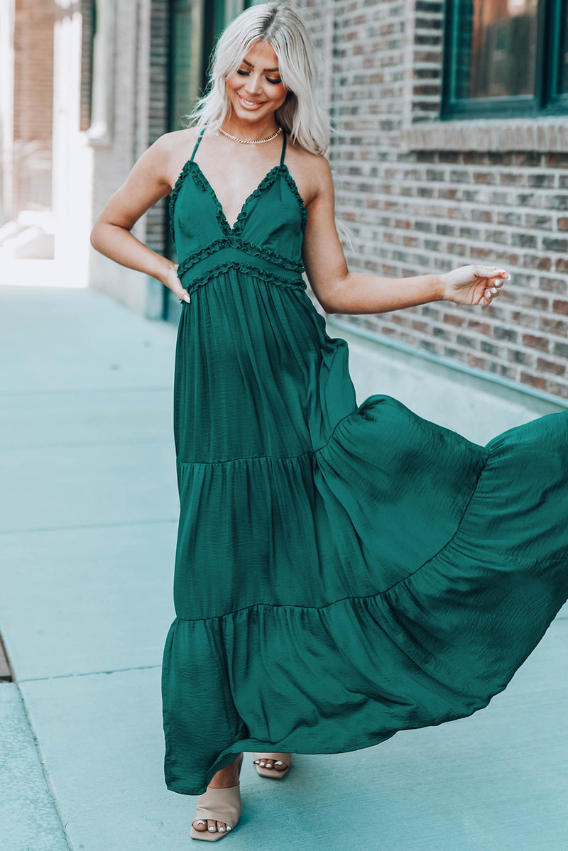 Green Cross Back Frilled Sleeveless Tiered Maxi Dress